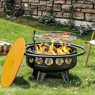 3-in-1 Fire Pit with Swivel Cooking Grate, 32 Inch Wood Burning Firepit with Grill, Outdoor Fire Pits Table with Metal Lid and Poker for Outside Patio Backyard BBQ Bonfire Camping (Black)