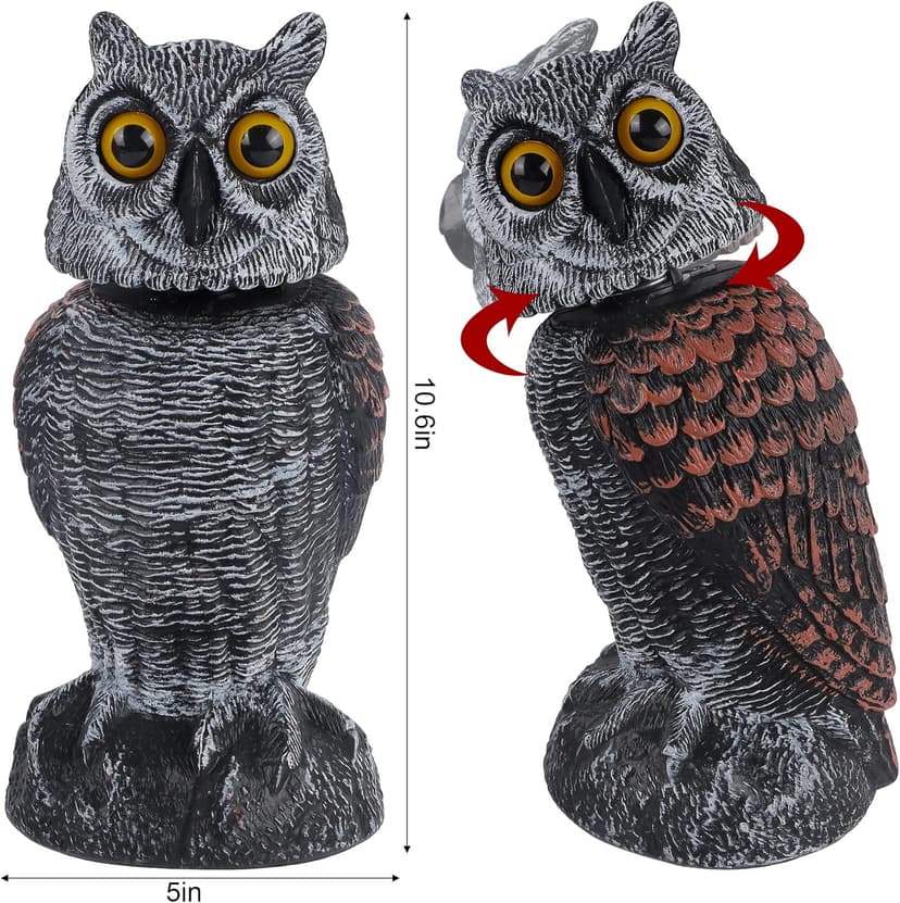 Hausse 2 Pack Fake Owl Decoys to Scare Birds Away, Rotating Head Plastic Owl Bird Deterrents, 10.6 Inch Height Bird Scarecrow Nature Enemy Horned Pest Repellent for Outdoor Garden Yard