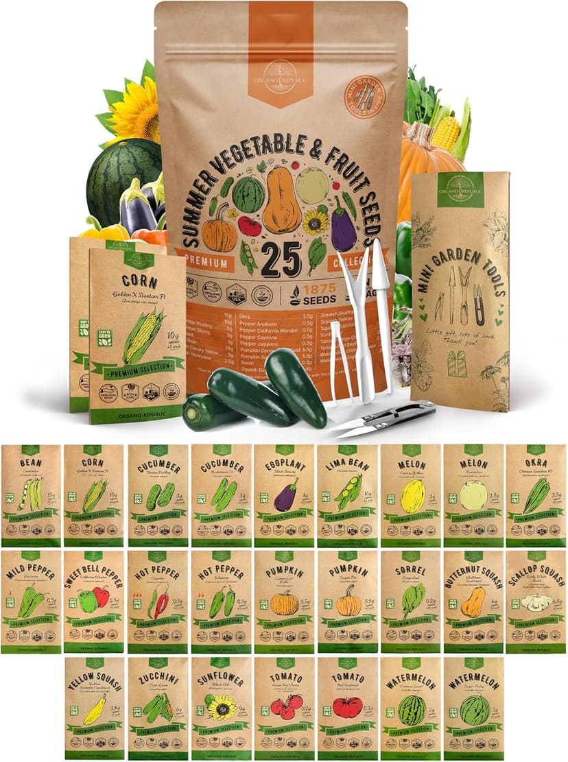 25 Summer Vegetable & Fruit Seeds Variety Pack - 1,870+ Non-GMO Heirloom Veggie & Fruits Seeds for Outdoors and Indoor Home Gardening, Including Collards, Tomato, Pepper, Okra, Onion, Bean, Cucumber