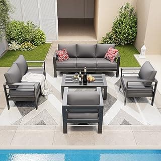Amopatio Aluminum Patio Furniture Set, 8 Pieces Modern Patio Conversation Sets, Outdoor Sectional Metal Sofa with Coffee Table for Balcony, Garden, Dark Grey (Included Waterproof Covers)
