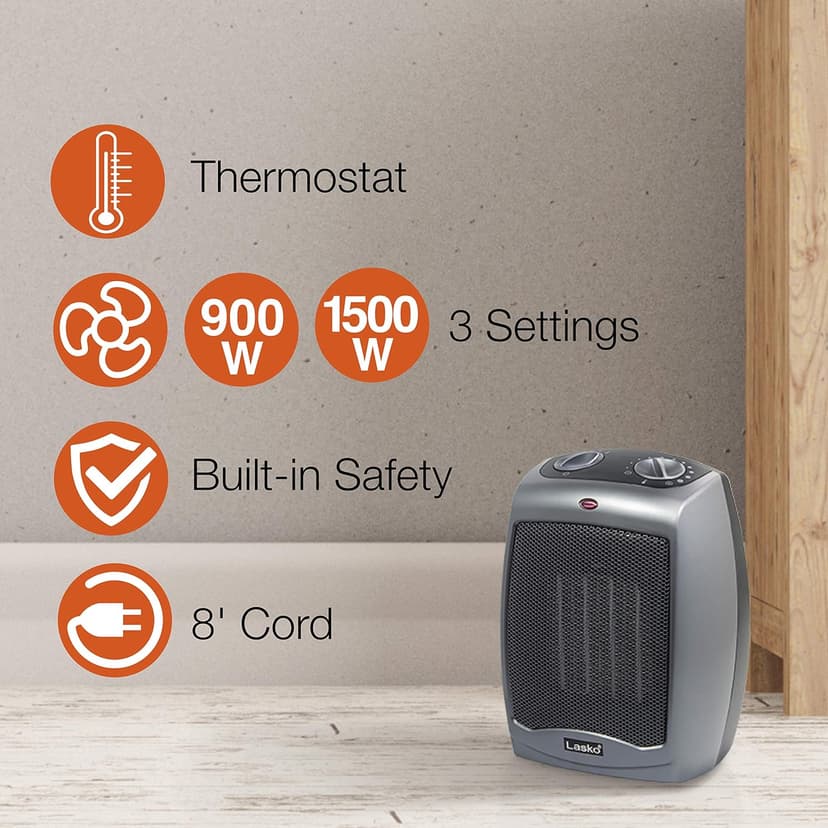 Lasko Portable Indoor Electric Ceramic Space Heater with Tip-Over Safety Switch, Overheat Protection, Thermostat and Extra Long Cord, 2 Speeds, Safe for Home, 9.2 Inches, Dark Gray, 1500W, 754201