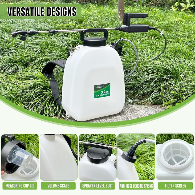 Battery Powered Sprayer 3.2 Gallon, VAXMAY Backpack Sprayer with 3 Adjustable Speeds, Battery Indicator, 5 Mist Nozzles, 41" Retractable Wand, USB Rechargeable Weed Sprayer for Lawn Garden Yard