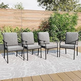 PHI VILLA Outdoor Steel Dining Chairs Set of 4, Heavy-Duty Rustproof Black Wrought Iron Armchairs with Cushions, Large Seating Furniture for Patio, Deck, Backyard, Porch