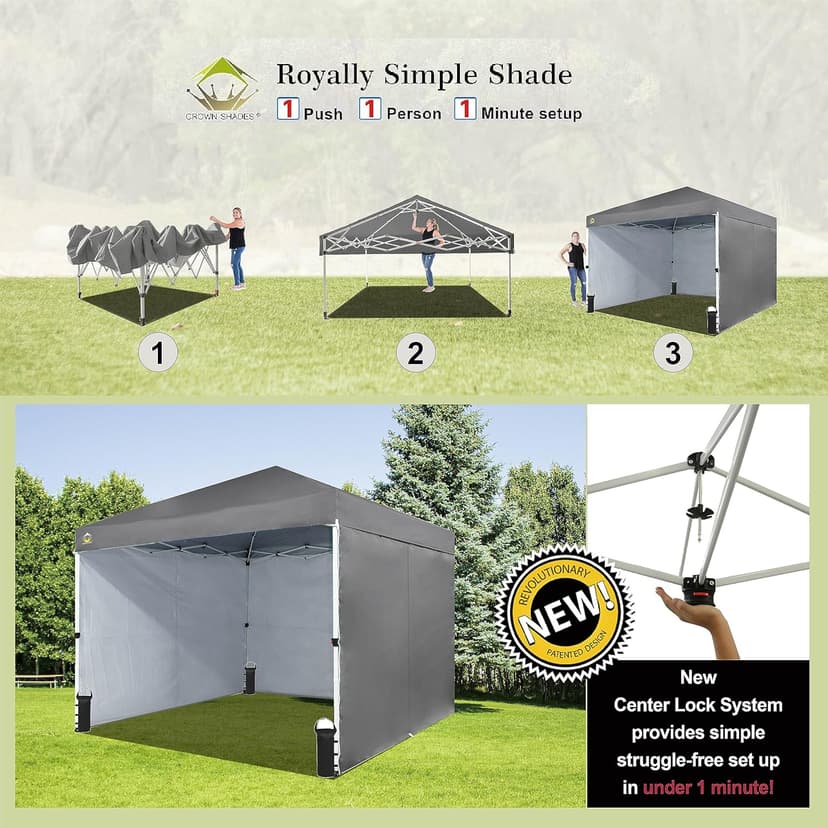 CROWN SHADES 10X10 Comercial Instant Canopy Pop Up Tent with Center Lock (10x10 with 4 Sidewalls, Grey)
