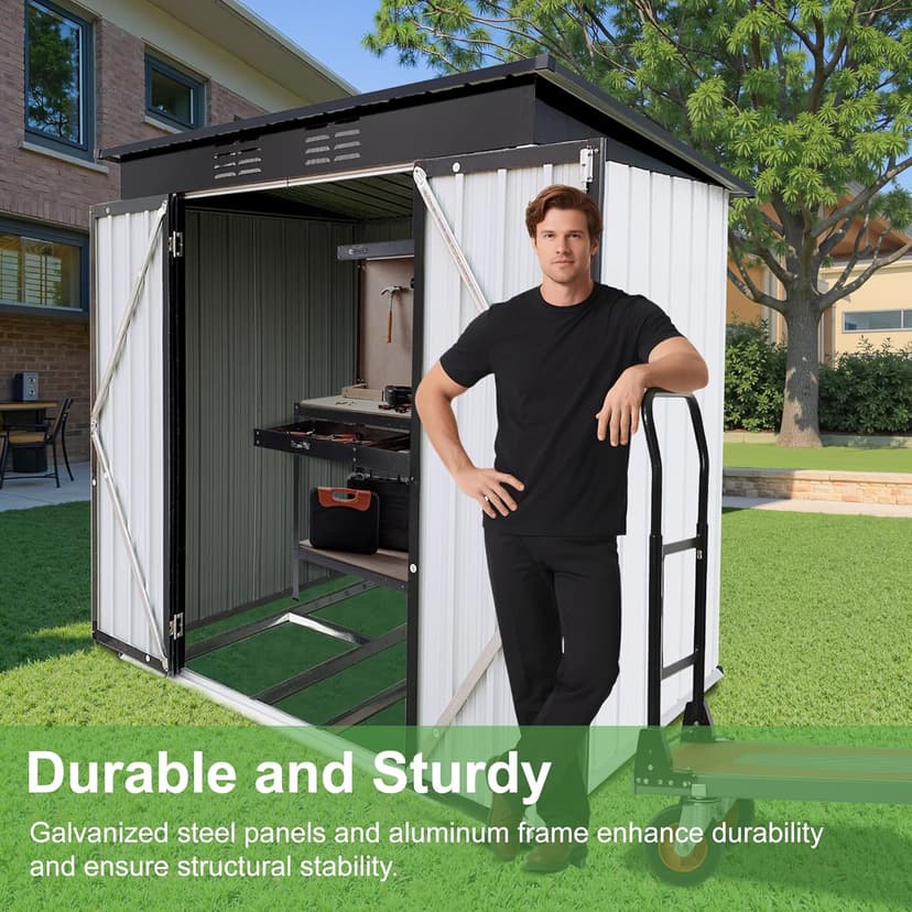 6×4Ft Outdoor Storage Shed Metal Storage Shed with Flat Roof, Weatherproof Heavy Duty Tool Shed for Backyard & Garden Equipment, Black-White