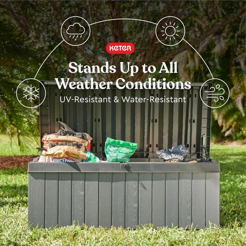 Keter Darwin 100 Gallon Resin Large Deck Box Organization and Storage for Patio Furniture, Outdoor Cushions, Garden Tools, Grey & Black