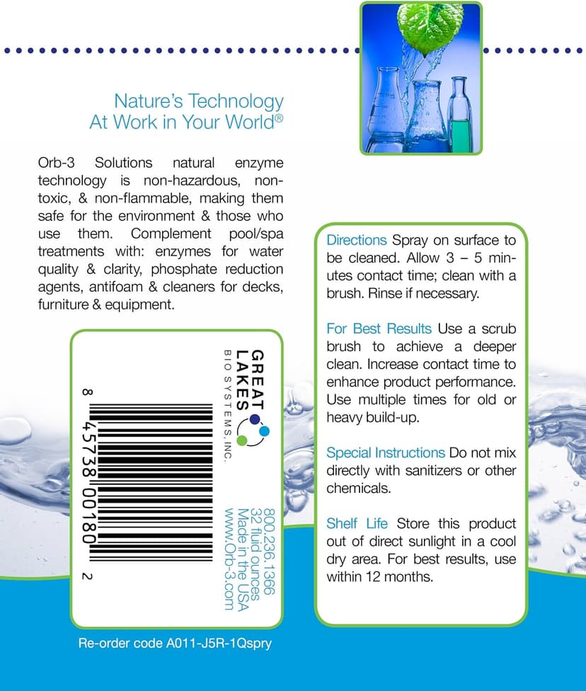 A011-J5R-1Qspry Ready-to-Use Enzyme Cleaner Spray Bottle for Pools, 1-Quart, Translucent light yellow liquid