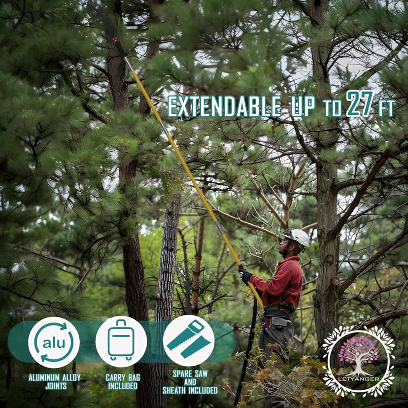 Pole Saws for Tree Trimming, 7.3-27 ft Extendable Tree Trimmers Long Handle Pruner, Sharp Steel Blade and Scissors High Branches Trimming, Tree Pruner, Tree Saw
