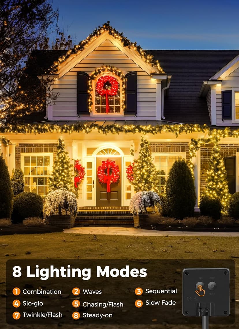 Minetom Solar String Lights Outdoor Waterproof- 40 FT 100 LED Solar Powered String Lights with 8 Lighting Modes, IP65 Waterproof Solar Lights for Outdoor Outside Tree Party Decor, Warm White