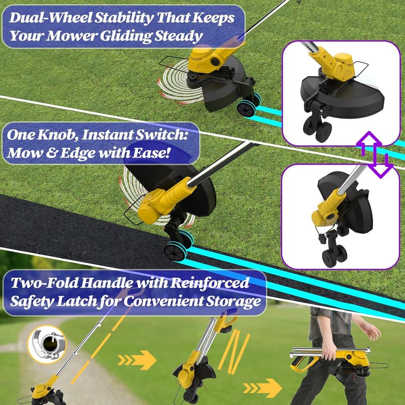 Brushless Motor Metal Blade & Dual-Line Bump-Feed Cordless Weed Wacker with Battery and Charger, Edger Lawn Tool, for Petite Yards and Residential Lawns