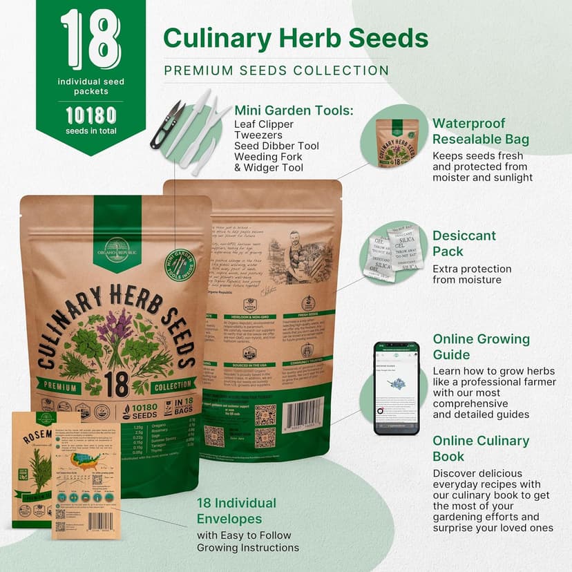 Organo Republic 18 Culinary Herbs Seeds Variety Pack - 10,180+ Heirloom, Non-GMO, Herbs Seeds for Outdoor and Indoor Home Gardening, Including Rosemary, Thyme, Oregano, Mint, Basil, Parsley