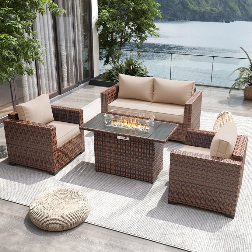 UDPATIO Patio Furniture Set with Fire Pit Table, 4 Pieces Outdoor Furniture Sets, Wicker Rattan Patio Conversation Sets with Outdoor Sofa Waterproof Covers for Porch Deck Backyard, Khaki