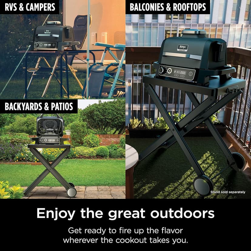 Ninja | Woodfire Series | 7-in-1 (Grill, BBQ, Roast, Air Fry, Dehydrate, Broil, Smoke) | Portable & Weather Resistant | Cook Up To 6 Steaks & 30 Hot Dogs | Woodfire Pellets included | OG701