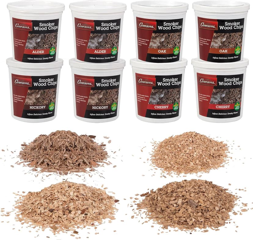 Camerons All Natural Extra Fine Cut BBQ Wood Chips - 2 Alder, 2 Cherry, 2 Oak, 2 Hickory (8 Pints, 0.473L ea)- Sawdust Shavings for Smoking Guns, Smokers, Smoke Boxes, Grill- Barbecue Variety Gift Set