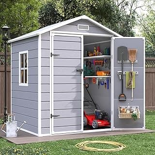 6x4.5 FT Resin Outdoor Storage Shed with Floor, Plastic Garden Shed, Lockable Door & Window, Waterproof Tool Shed for Bike, Garbage Can, Lawn Mower, Patio Furniture Grey White