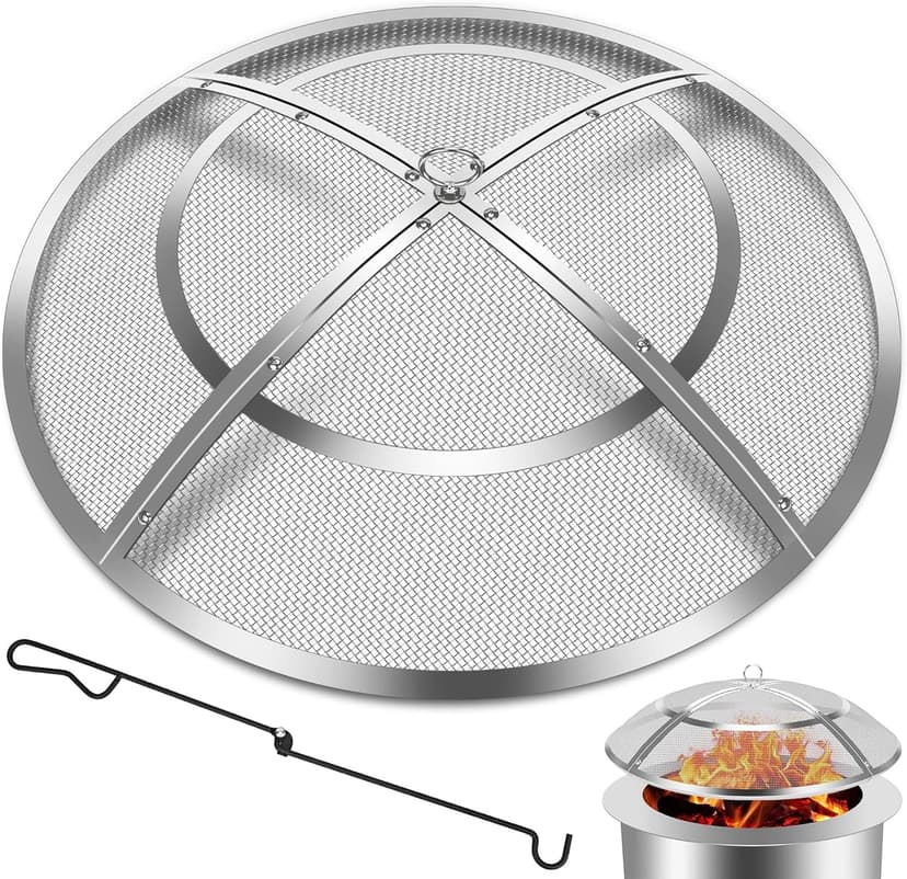 Fire Pit Spark Screen,36 Inch Fire Pit Screen Cover Stainless Steel Outdoor with Handle&Poker,Firepit Screens Cover Round Mesh Lid Heavy-Duty Steel Replacement for Backyard/Beach/RV Camping