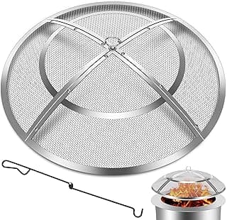 Fire Pit Spark Screen,36 Inch Fire Pit Screen Cover Stainless Steel Outdoor with Handle&Poker,Firepit Screens Cover Round Mesh Lid Heavy-Duty Steel Replacement for Backyard/Beach/RV Camping