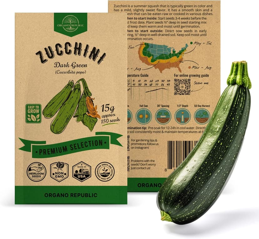 Organo Republic Dark Green Zucchini Seeds Pack 15 G - Over 150 Non-GMO Heirloom Zucchini Seeds for Planting Vegetable in Individual Seed Packet, Vegetable Seeds for Planting Indoor & Outdoor Gardening