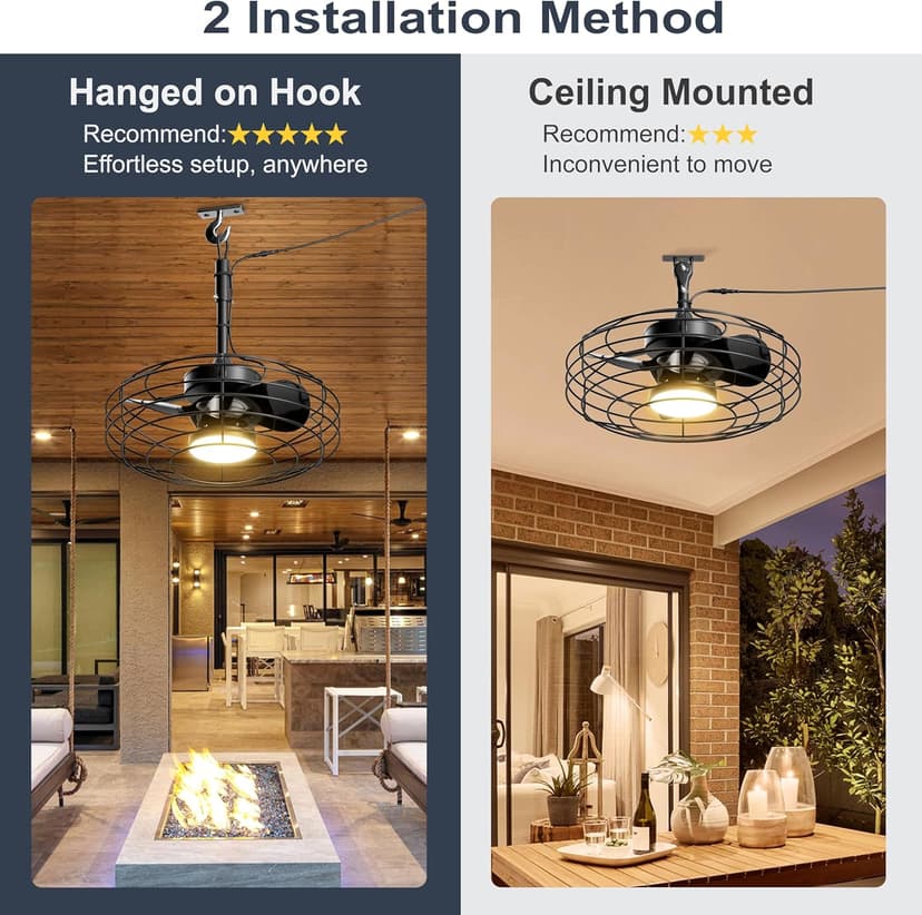 Outdoor Ceiling Fans with Light for Patios, 20'' Wet Rated Gazebo Fan Remote&APP Control, Dimmable Hanging Fan with Plug in Cord for Pergola, Black