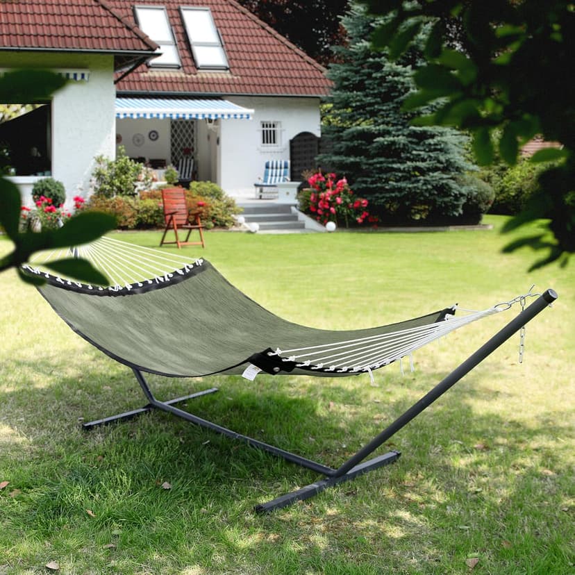 Patio Watcher 13 FT Quick Dry Olefin Hammock - Outdoor Double Hammock with Metal Curved Spreader Bars - 450 lbs Capacity - Dark Green