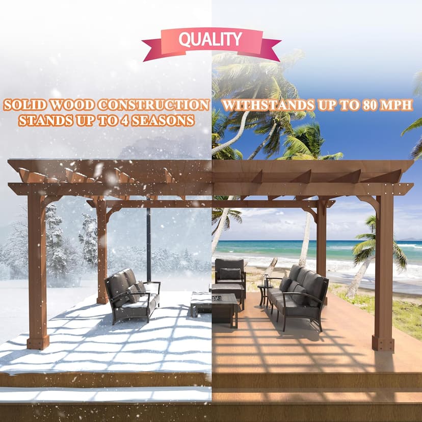 12x14 FT Wooden Pergola with Flat Roof, Cedar Wood Gazebo with Stakes Included, Outdoor Garden Shelter for Patio, Deck, Backyard, Lawn