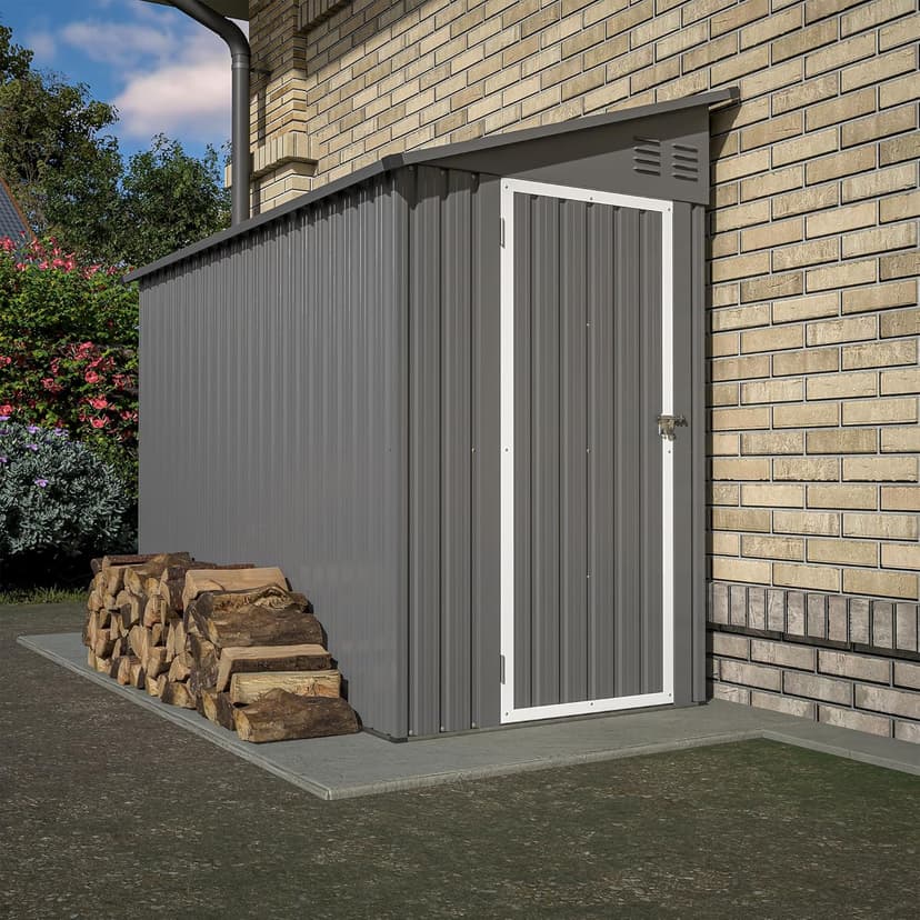 4x8 FT Outdoor Storage Shed with Floor,Lean to Metal Shed W/Lockable Door,All Weather Waterproof Garden Tool House W/ 2 Air Vents,for Backyard,Patio,Lawn,Garden,Gray