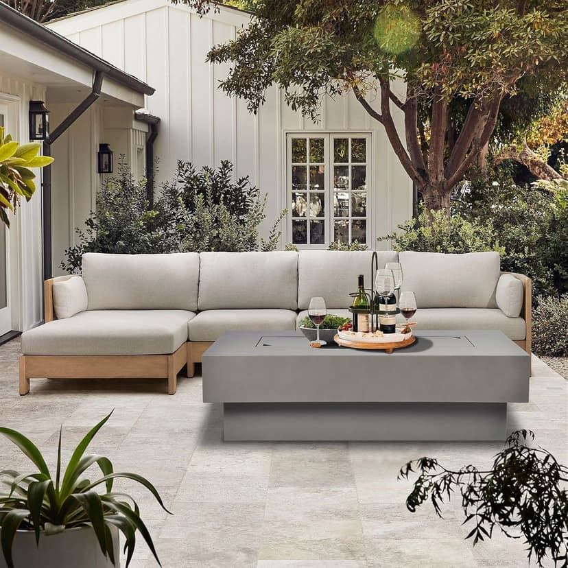 Outdoor Low Profile Fire Table, 48-inch Rectangle Propane Gas Fire Pit Table, 50,000 BTU Modern Firepit w/Lid, Fire Glass, Cover, Pre-Attached 10ft Propane Hose, Flint Gray