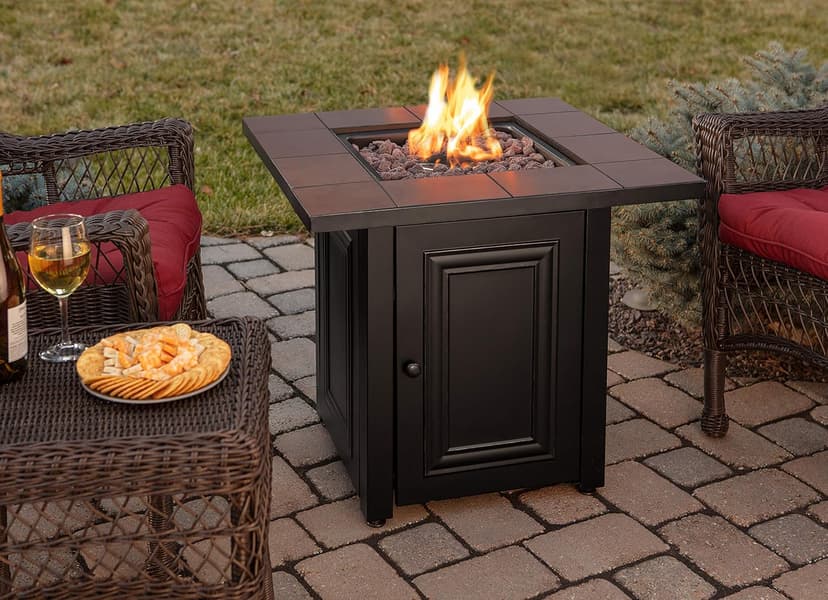 Endless Summer, The Vanderbilt, Square 28" Outdoor Propane Fire Pit with Handcrafted Ceramic Tile Mantel and Lava Rock