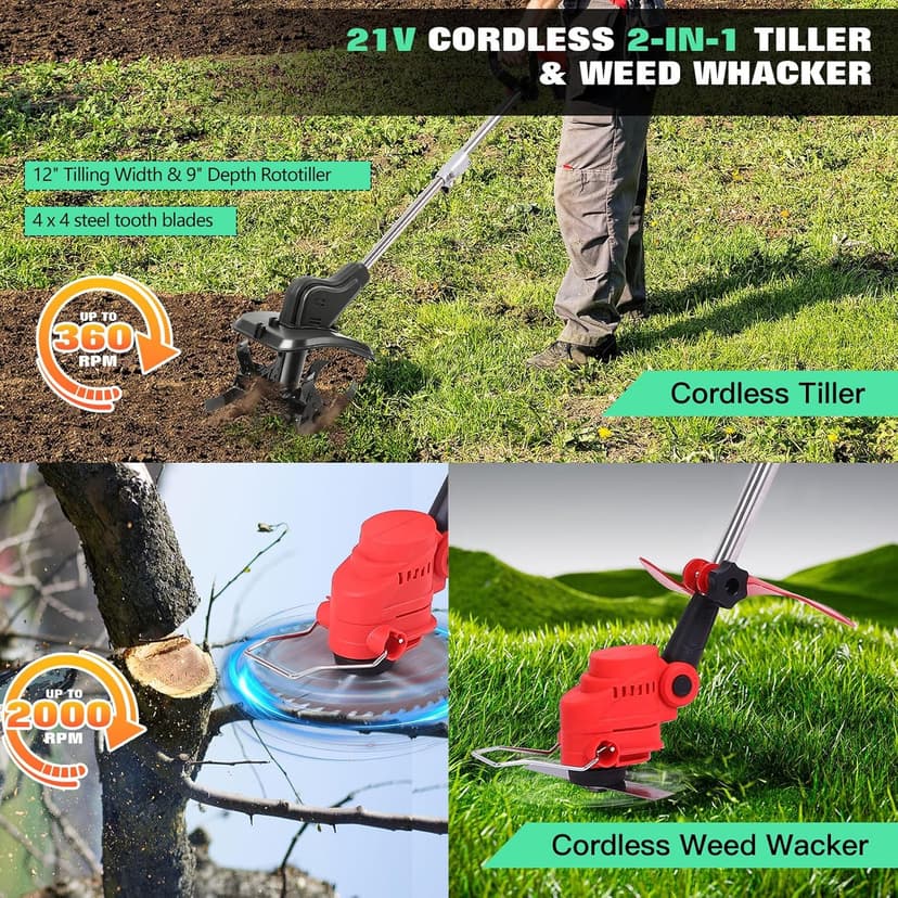 21V Cordless 2-in-1 Tiller & Weed Whacker Combo | 12"x9" Rototiller, 4x4 Blades & 8" Trimmer - 2×21v Battery, 360 RPM for Gardening, Garden Tiller, Electric Tiller, Cultivators for Gardening