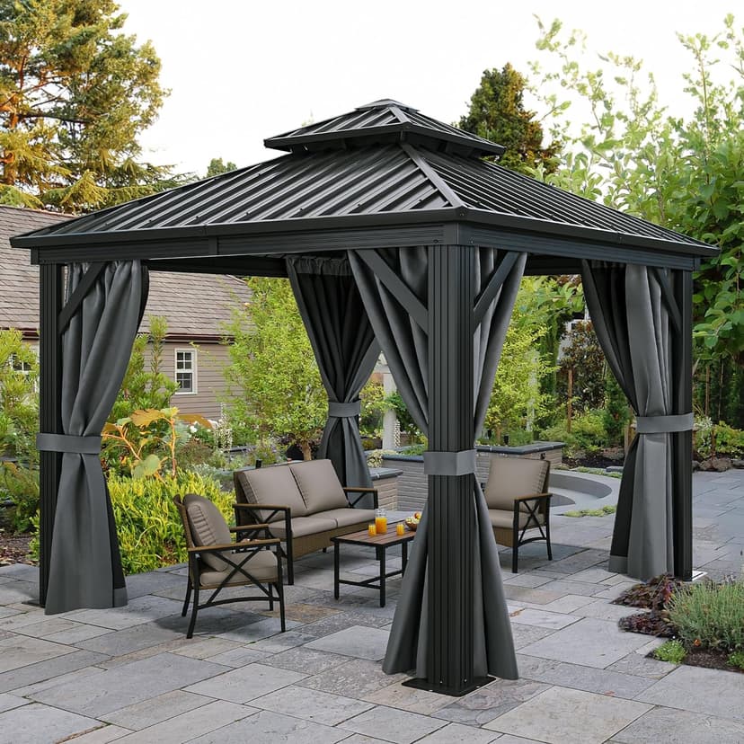 YITAHOME 10x10ft Hardtop Gazebo with Nettings and Curtains, Heavy Duty Double Roof Galvanized Steel Outdoor Combined of Vertical Stripes Roof for Patio, Backyard, Deck, Lawns, Gray