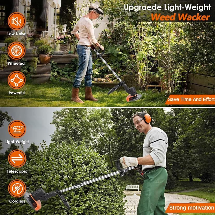 Weed Wacker, Electric Weed Wacker, String Trimmer with 2 Batteries and Charger, Grass Trimmer Lawn Mower Edgerr with 3 Types of Blades, Brush Cutter with Retractable Length and 90° Rotating Head