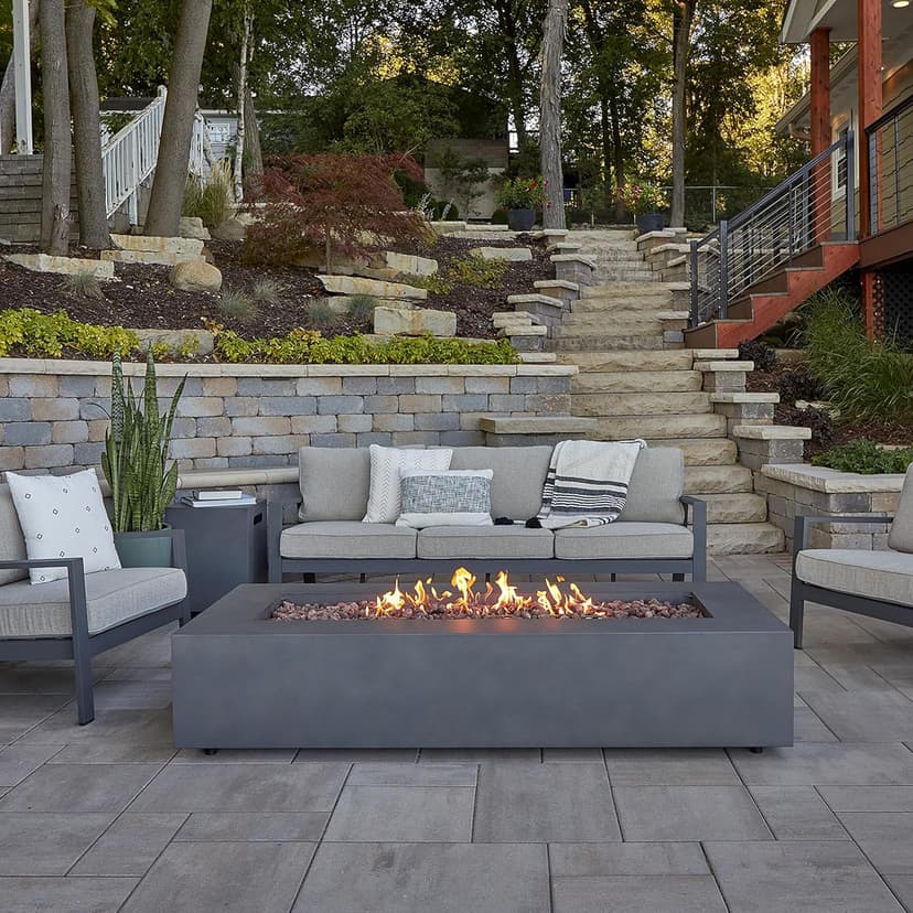Real Flame Aegean 70in Rectangle Propane or Natural Gas Fire Pit Table, 65,000 BTU, Powder-Coated Steel, Push-Button Ignition, CSA Certified, Lava Rock, Storage Cover, Stainless Steel Burner with Lid