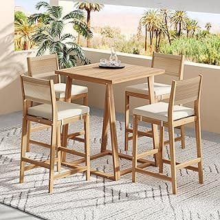 Christopher Knight Home Barron 5-Piece Acacia Wood Patio Bar Set, Patio Bar Table and Stools Set, Soft Seat Cushions, Rattan/Wicker Dining Set for Garden, Backyard, Poolside, Balcony, Teak + Beige