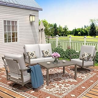 NATURAL EXPRESSIONS 4 Pieces Patio Furniture Sets, Modern Metal Outdoor Conversation Sets with High Back All Weather Hand-Woven Rope Rocking Swivel Chairs, Loveseat, Metal Table, 5.5" Thick Cushions