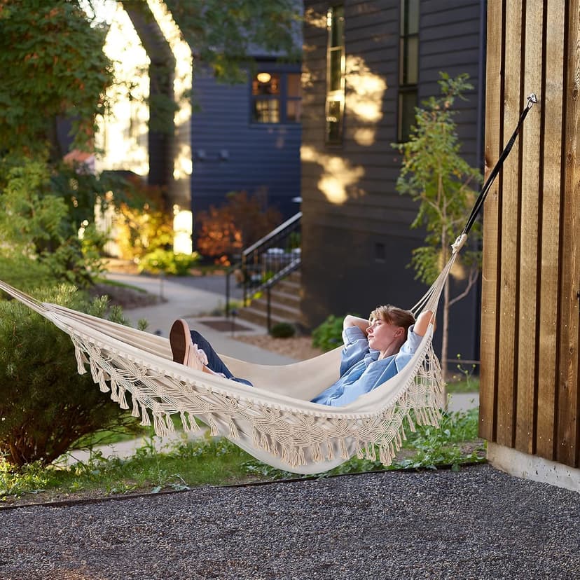 Indoor Hammock with Macrame Fringe for 2 Persons,Double Boho Hammocks with Tassels,Portable Cotton Rope Hamaca Swing with Travel Bag for Outside,Porch,Garden,Patio,Backyard,Up to 500lbs White