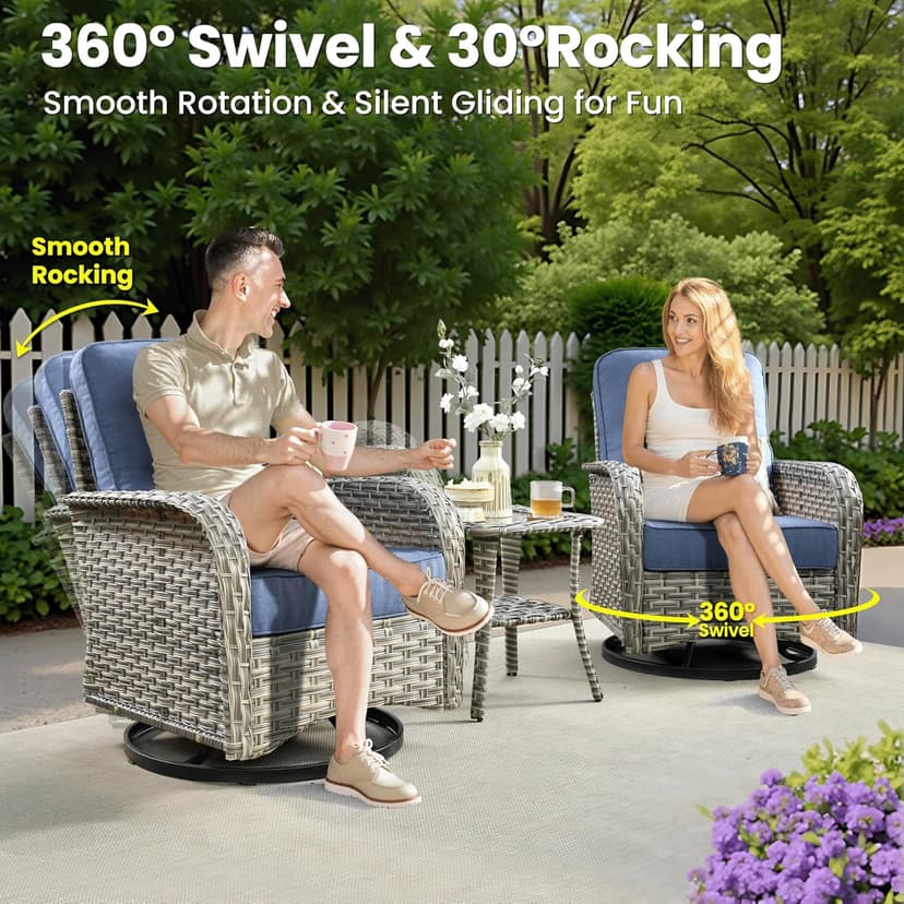 ovios 9 Pieces Patio Furniture Set Outdoor Sectional Sofa Couch with Fire Pit Table Swivel Rocking Chairs Comfy Cushions, Modern Modular Wicker Rattan Conversation Sets, Denim Blue