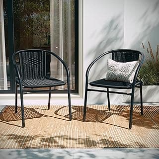 EMMA + OLIVER 2 Pack Black Rattan Indoor-Outdoor Restaurant Stack Chair with Curved Back
