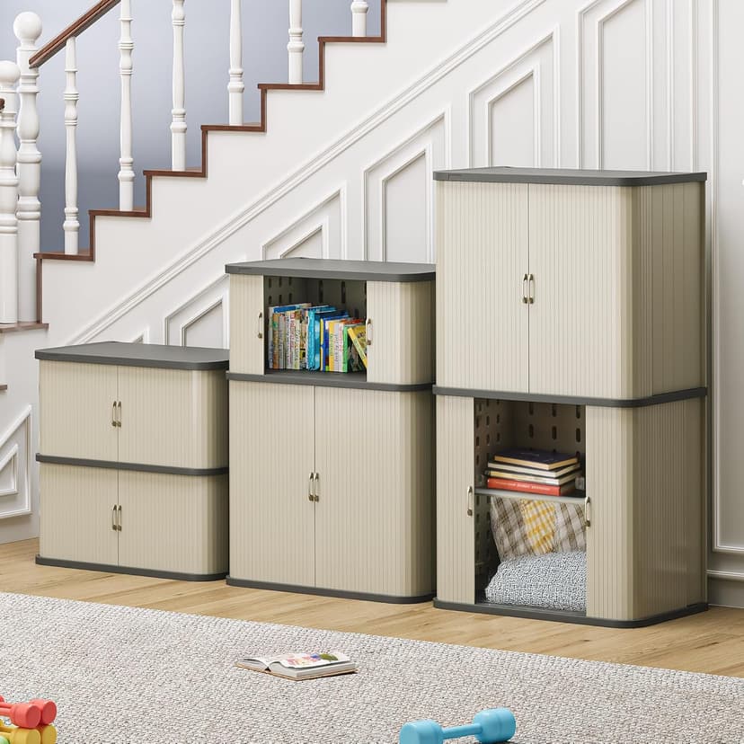 YITAHOME 37 Gallon Outdoor Storage Cabinet w/Sliding Doors, Medium Double-Wall Resin Storage Cabinets, Waterproof Storage Box for Outdoor/Indoor/Garage/Lawn Care, Light Gray