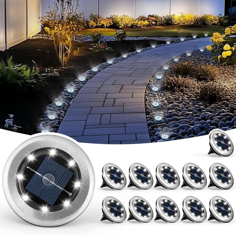Mini Solar Ground Lights, 12 Pack Solar Powered Pathway Lights, Warterproof Outdoor Light for Garden, Driveway, Walkway, Backyard, Patio (Cool White)