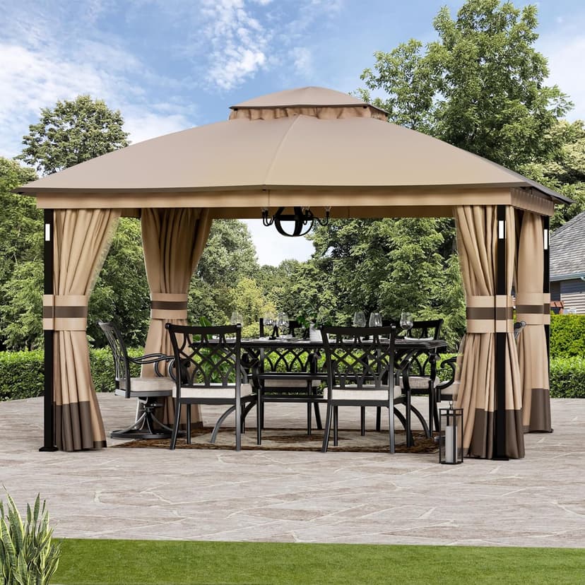 Patio Gazebo 11'x13' with LED Lights & Bluetooth Speaker, Heavy Duty Outdoor Canopy Shelter with Metal Frame, Double Roofs, Soft-top Gazebo with Netting and Curtains for Backyard