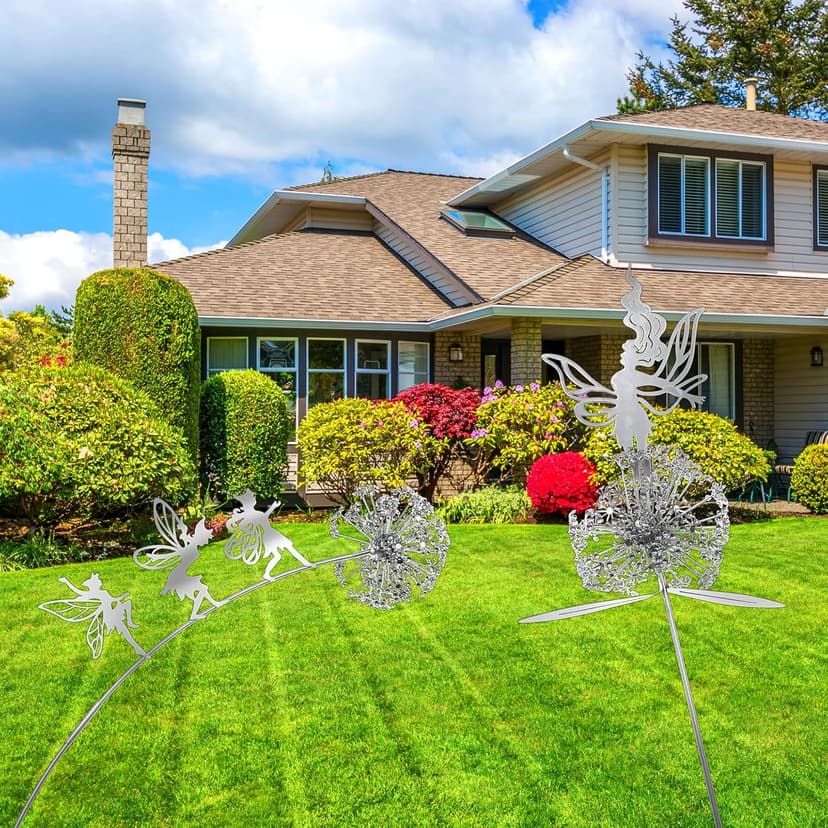 2 Pcs Flower Dancing Dandelion Fairy Garden Sculptures - Dancing Fairy Dandelion Garden Ornaments Art Decorations for Outdoor Yard Lawn Patio