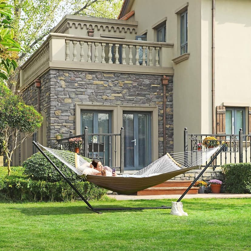 SONGMICS Hammock, Quilted Hammock with Curved Bamboo Spreaders, Pillow, 78.7 x 55.1 Inches, Portable Padded Hammock Holds up to 495 lb, Gray and Beige UGDC34CG