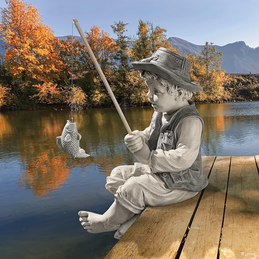 Design Toscano Frederic the Little Fisherman of Avignon Boy Fishing Garden Statue, 15 Inch Tall, Cast Stone Resin, Two Tone Stone Finish
