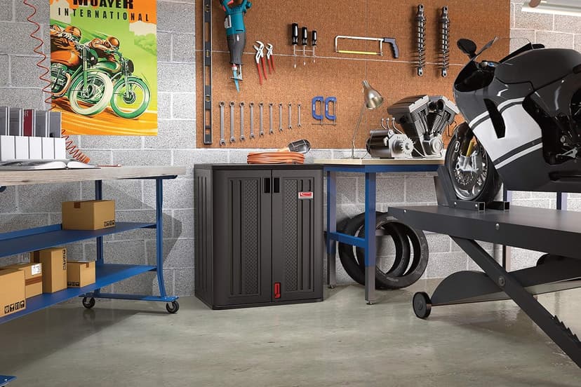 Suncast Commercial Heavy-Duty 9 Cubic Ft. Resin Storage Cabinet with Lockable Handles, Adjustable Metal-Reinforced Shelves for Garage or Workspace, Black, Made in The USA