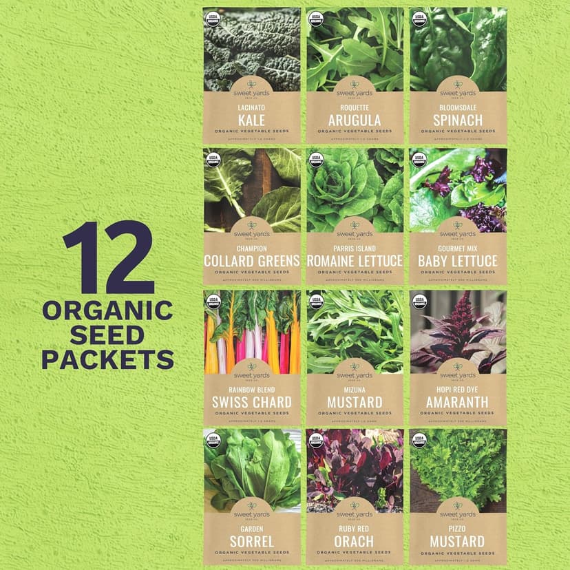 Organic Healthy Greens Seeds Variety Pack - 12 Individual Packs - 2025 Season - Arugula, Kale, Swiss Chard, Spinach, Mustard & More! for Indoor & Outdoor Planting (Non-GMO, Certified Organic)