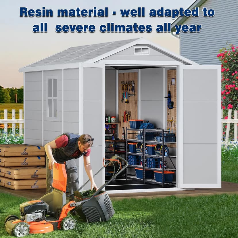 8.7x5.5 FT Outdoor Storage Shed with Floor, Weather-Resistant Resin Shed with Window, Lockable Door and Vents, Plastic Outside Tool Storage Sheds for Garden, Backyard, Lawn