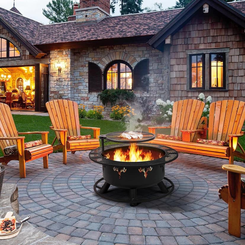 Yaheetech 32in Fire Pit Outdoor Wood Burning Firepits Outdoor Fireplace with 18.5 Inch Swivel Cooking Grill Grate & Poker Fire Bowl for Camping, Backyard, BBQ, Garden, Bonfire