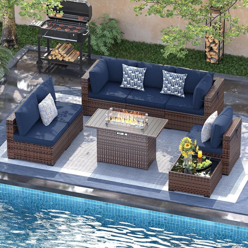 UDPATIO Patio Furniture Set with Fire Pit Table, 8 Piece Outdoor Sectional Modular Sofa, Wicker Outdoor Furniture Conversation Sets with Waterproof Cover for Backyard Deck (Brown/Navy Bule)