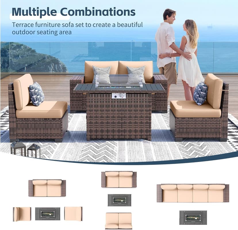 UDPATIO 7 Piece Patio Furniture Set with Fire Pit Table, 8''Wide Armrest Modular Rattan Outdoor Sectional Sofa Set,Wicker Patio Conversation Sets for Backyard,Deck w/ 4'' Cushions,Cover(Brown/Khaki)