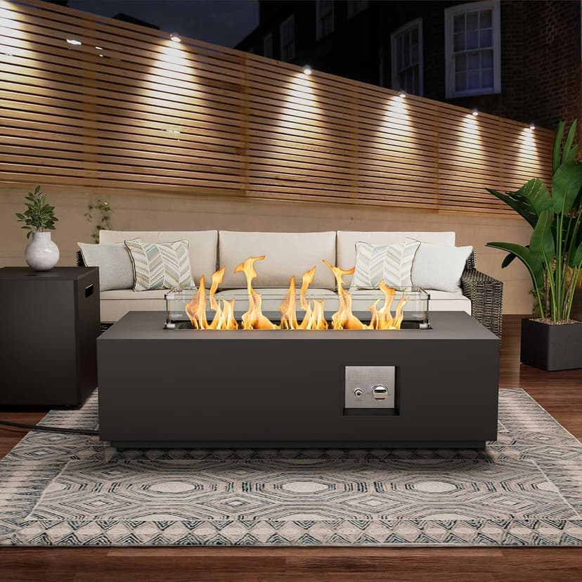 42" Rectangular Propane Fire Pit table 50,000 BTU Fireplace Table with Wind Guard, Lid, Rocks and Cover - Fire Pits & Outdoor Fireplaces - Gas Fire Pits for Outside Patio (Black, 42" Standard)